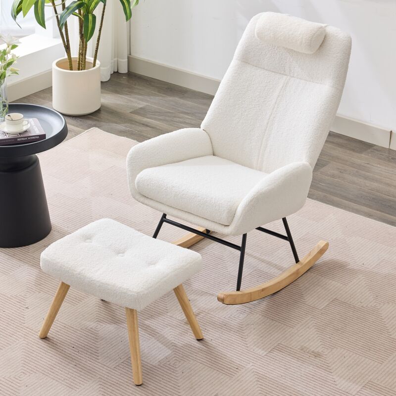 Eifson - Fauteuil à bascule, avec repose-pieds, appui-tête, velours peluche, pieds en hévéa, ergonomique, convient pour salon et balcon - Blanc