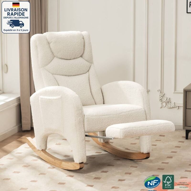 Fauteuil à bascule avec repose-pieds, charge maximale 110 kg, tissu en peluche Teddy, blanc