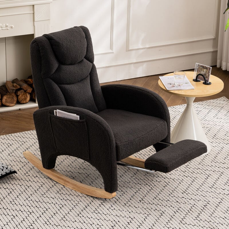 Fauteuil à bascule avec repose-pieds, charge maximale 110 kg, tissu en peluche Teddy, gris foncé