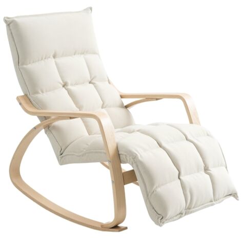 Fauteuil à bascule avec repose-pieds, dossier haut, tissu aspect lin, fauteuil lecture salon chambre blanc crème