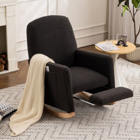 Fauteuil à bascule, avec repose-pieds et accoudoirs, poches latérales, dossier haut, velours teddy, ergonomique, pour salon et balcon - Gris foncé