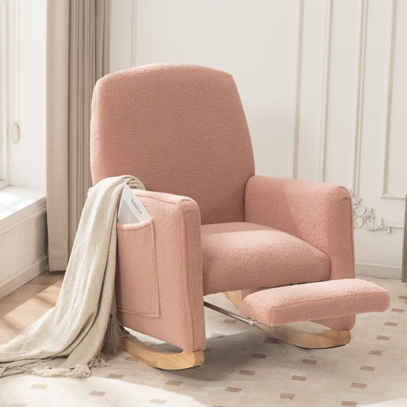 Fauteuil à bascule, avec repose-pieds et accoudoirs, poches latérales, dossier haut, velours teddy, ergonomique, pour salon et balcon - Rose