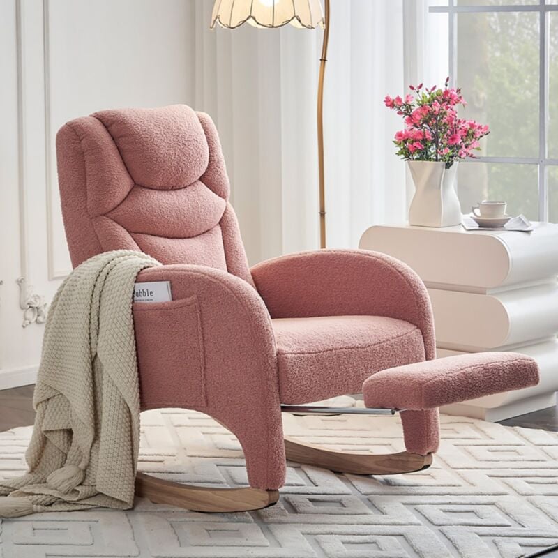 Fauteuil à bascule, avec repose-pieds et accoudoirs, poches latérales, tissu velours teddy, dossier haut, ergonomique, convient pour salon et balcon
