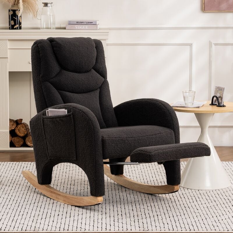 Fauteuil à bascule, avec repose-pieds et accoudoirs, poches latérales, tissu velours teddy, dossier haut, ergonomique, convient pour salon et balcon