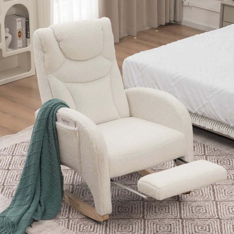 Fauteuil à bascule, avec repose-pieds et accoudoirs, poches latérales, tissu velours teddy, dossier haut, ergonomique, convient pour salon et balcon