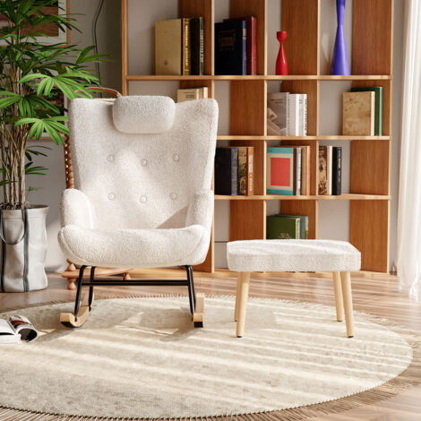 Fauteuil à bascule avec repose-pieds et appui-tête, en velours teddy, avec poches latérales, Structure en métal et fond en bois massif, blanc