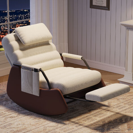 Fauteuil à Bascule avec Repose-Pieds Extensible,Fauteuil d'allaitement,Fauteuil Berçant bébé Capitonné,Rocking Chair avec Dossier & Appui-Tête Réglables, Poche Latérale - Velours côtelé Beige