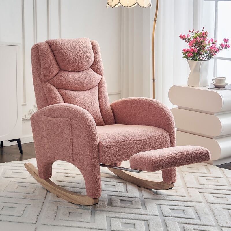 Rocking Chair avec repose-pieds, fauteuil à bascule avec dossier confortables, une poche latérale, cadre en bois massif, tissu peluche, fauteuil à
