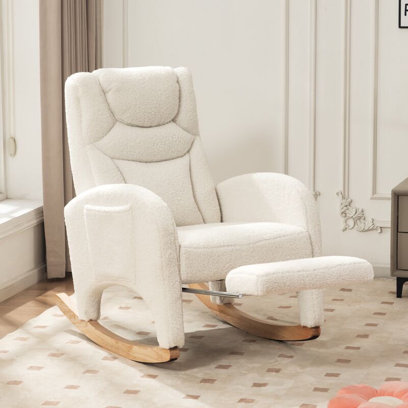Rocking Chair avec repose-pieds, fauteuil à bascule avec dossier confortables, une poche latérale, cadre en bois massif, tissu peluche, fauteuil à