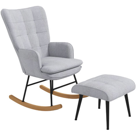 Fauteuil à bascule avec repose-pieds, fauteuil relax en lin gris clair, capacité 130 kg