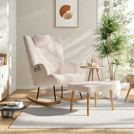 fauteuil à bascule avec repose-pieds, fauteuil rocking chair avec ppui-tête, chaise à bascule rembourrée, avec pieds en bois massif,poche latérale, tissu velours teddy, blanc