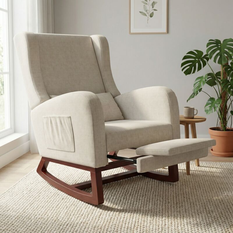 Rocking Chair de Salon avec Poches Latérales, Fauteuil à Bascule avec Repose-pieds Rétractable, 99x64x67cm, Fauteuil Relax Rembourré, Pieds en Bois,