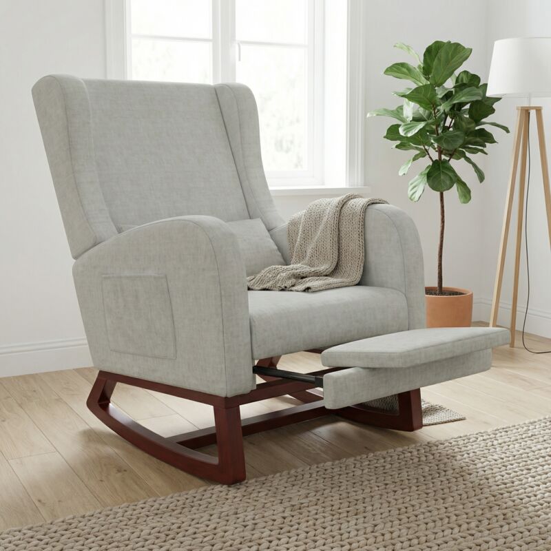 Rocking Chair de Salon avec Poches Latérales, Fauteuil à Bascule avec Repose-pieds Rétractable, 99x64x67cm, Fauteuil Relax Rembourré, Pieds en Bois,
