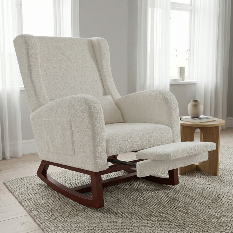 Rocking Chair de Salon avec Poches Latérales, Fauteuil à Bascule avec Repose-pieds Rétractable, 99x64x67cm, Fauteuil Relax Rembourré, Pieds en Bois,