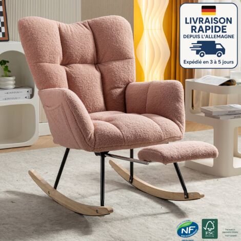 Fauteuil à bascule avec repose-pieds rétractable, idéal pour salon, chambre ou bureau, velours Teddy, rose