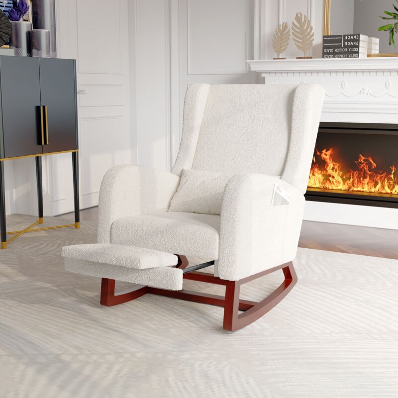 Fauteuil à Bascule avec Repose-Pieds Rétractable - Rocking Chair de Salon ou d'Allaitement - Fauteuil Relax Rembourré en Tissu Teddy Velvet Blanc
