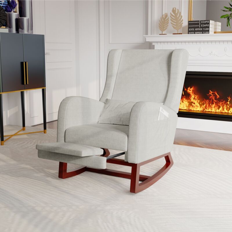 Fauteuil à Bascule avec Repose-Pieds Rétractable - Rocking Chair de Salon ou d'Allaitement - Fauteuil Relax Rembourré en Tissu Matière coton et lin