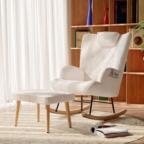 DANS LES NUAGES Fauteuil à bascule, avec tabouret, poches latérales, dossier, appui-tête, cadre en métal, accoudoirs, Rocking chair de capitonné en sherpa - Blanc