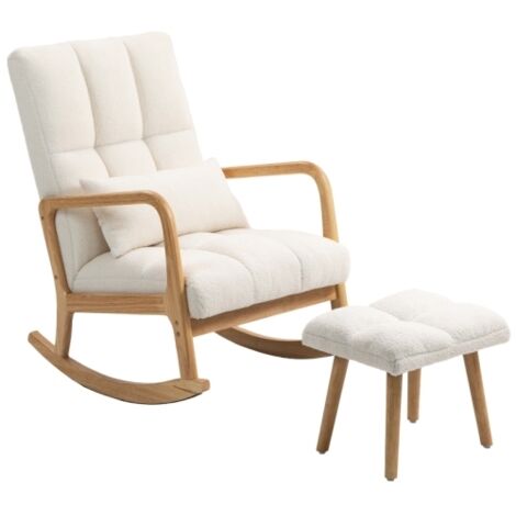 Fauteuil à bascule avec tabouret, revêtement polaire, accoudoirs et dossier haut, Blanc