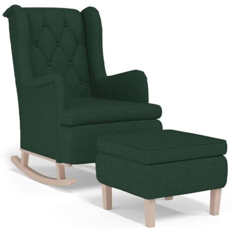 Fauteuil à bascule avec tabouret, tissu vert foncé.
