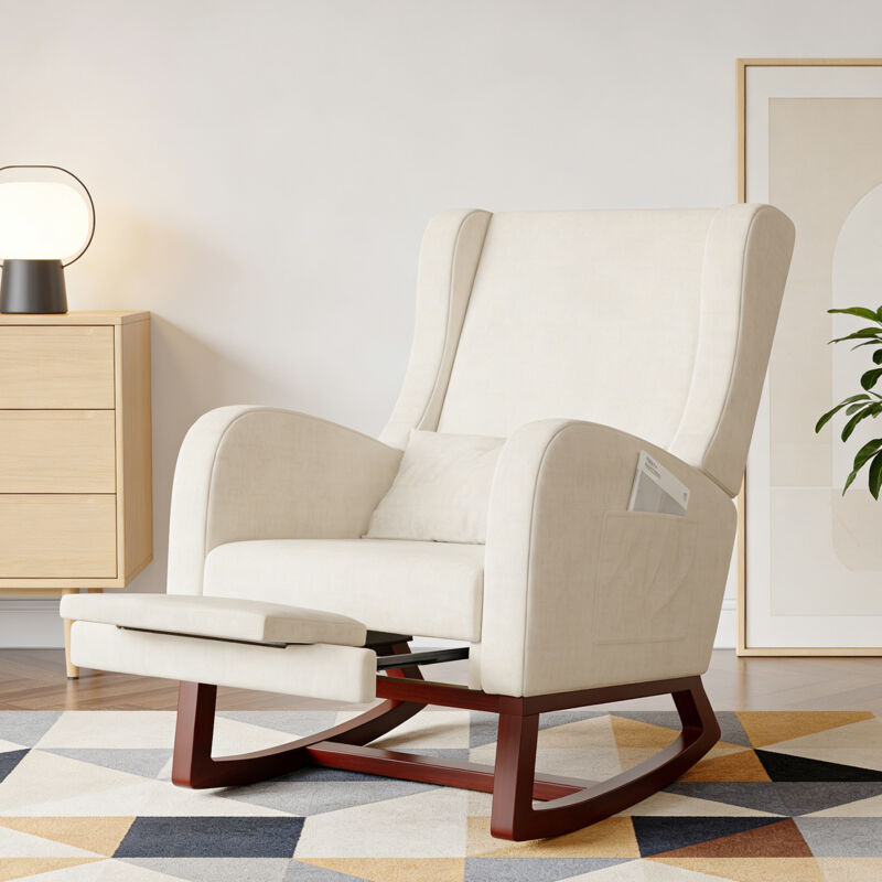Fauteuil à bascule capitonné - Repose-pieds extractible - Rocking Chair - Fauteuil d'allaitement - Dossier ergonomique et 2 poches latérales - Pieds