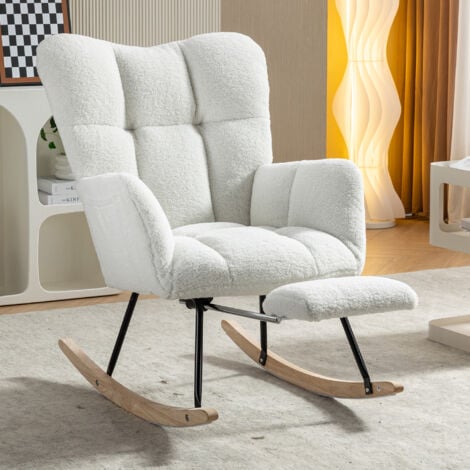 Fauteuil à bascule capitonné, Rocking chair avec dossier, repose-pieds extractible, poches latérales, Teddy, blanc