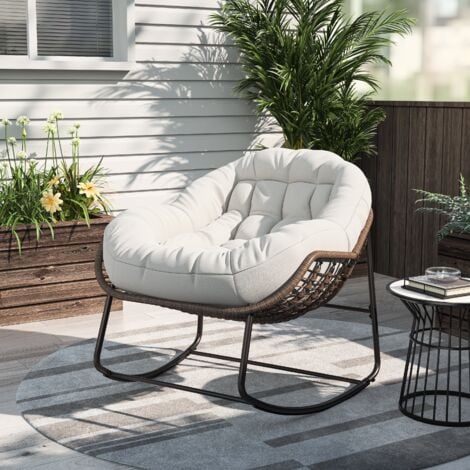 TORANA Rocking chair, chaise à bascule d'extérieur en rotin, tissu polyester, structure en métal, forme d'œuf, style scandinave, convient pour porche, salon, terrasse, jardin - Beige