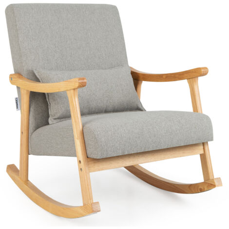 Fauteuil à Bascule, Chaise à Bascule Rembourrée avec Dossier Haut et Coussin de Siège Rembourré, Cadre en Bois d'Hévéa, Oreiller Lombaire Doux, Gris