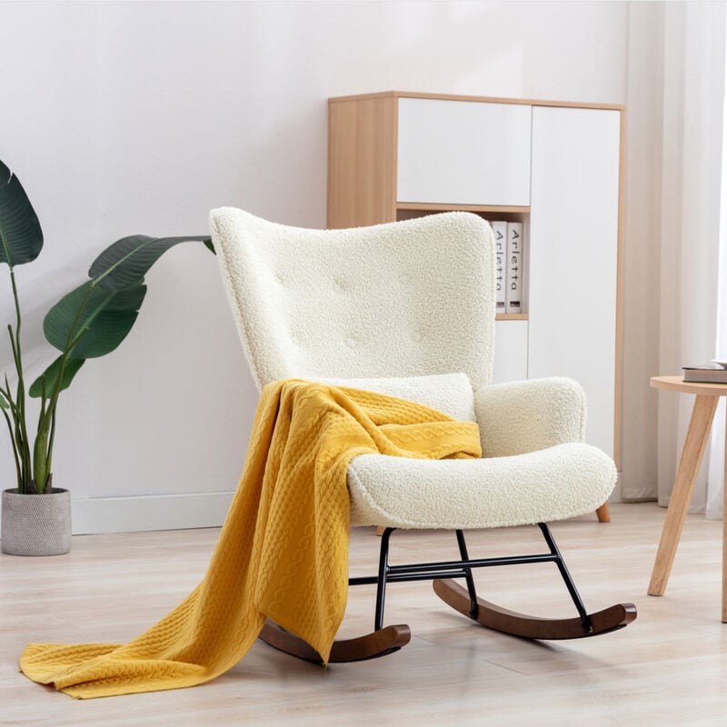 Homemiyn - Fauteuil à Bascule Chaise Berçante Allaitement Bébé en Tissu Bouclette Rocking Chair Style Scandinave en Bois d'Hévéa, Beige