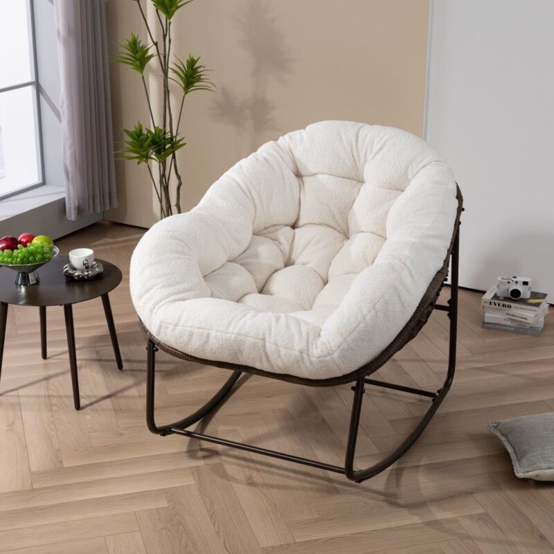 Fauteuil à bascule – Chaise en rotin extra large en forme d'œuf avec coussin épais en velours, style contemporain pour balcon, porche, jardin et