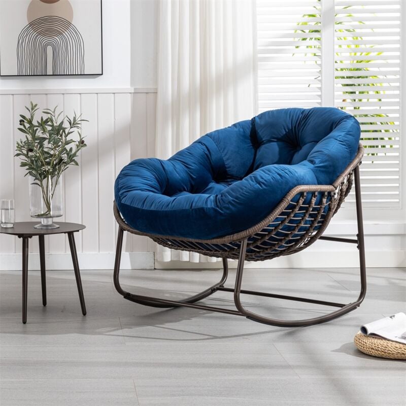 Fauteuil à bascule – Chaise en rotin extra large en forme d'œuf avec coussin épais en velours, style contemporain pour balcon, porche, jardin et