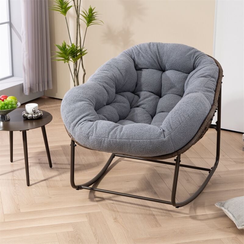Fauteuil à bascule – Chaise en rotin extra large en forme d'œuf avec coussin épais en velours, style contemporain pour balcon, porche, jardin et