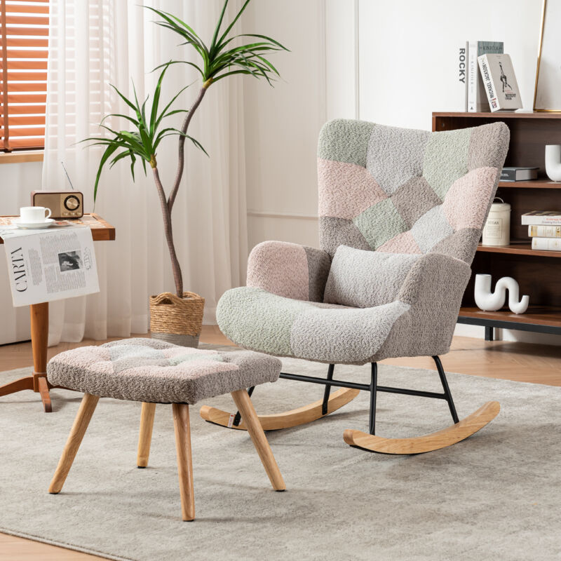 Fauteuil à bascule avec repose-pieds et 1 coussin lombaire, cadre en bois d'hévéa, multicouleur