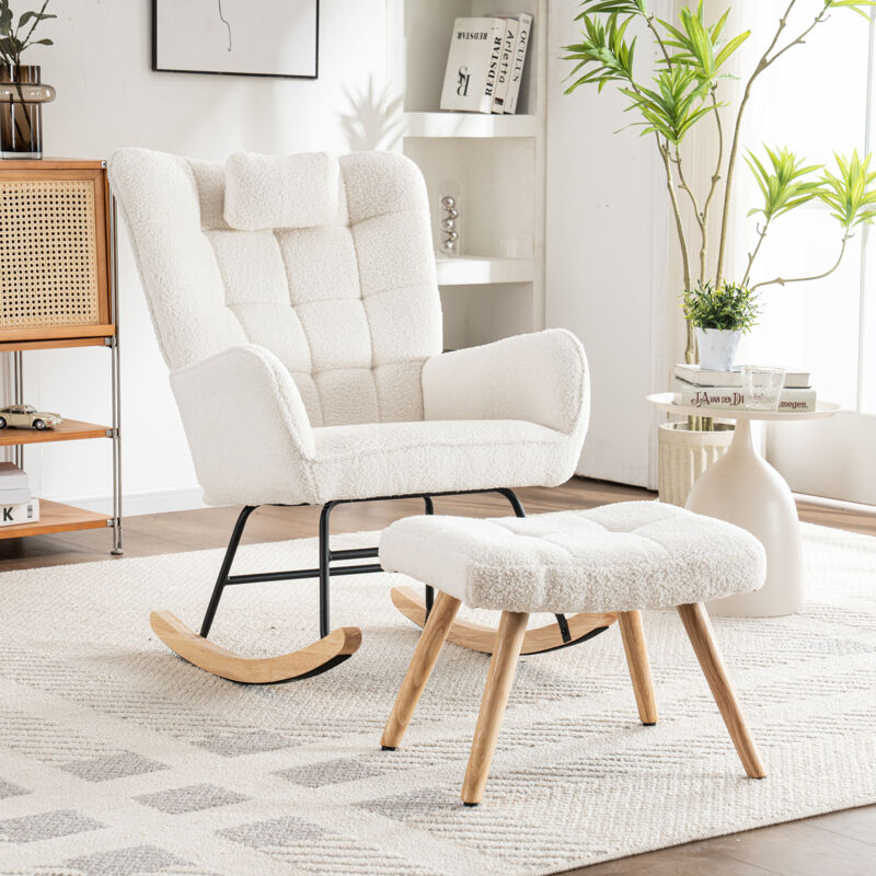 Fauteuil à bascule blanche avec oreiller et repose-pieds, chaise berçante, chaise longue, pour salon et chambre