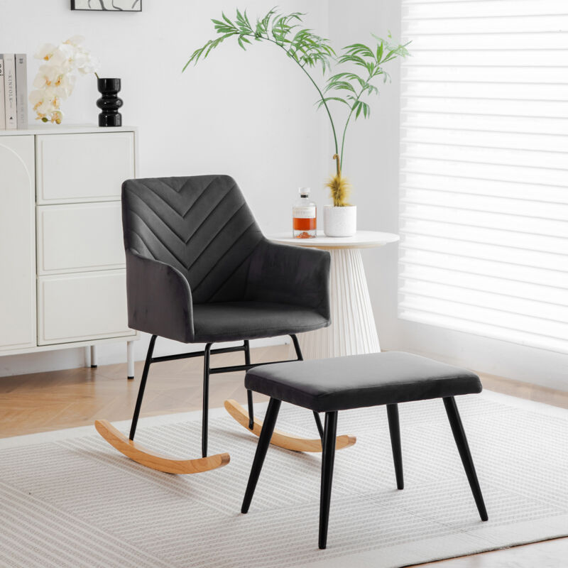 Fauteuil à bascule gris foncé, avec repose-pieds, cadre en bois robuste, pour salon et chambre