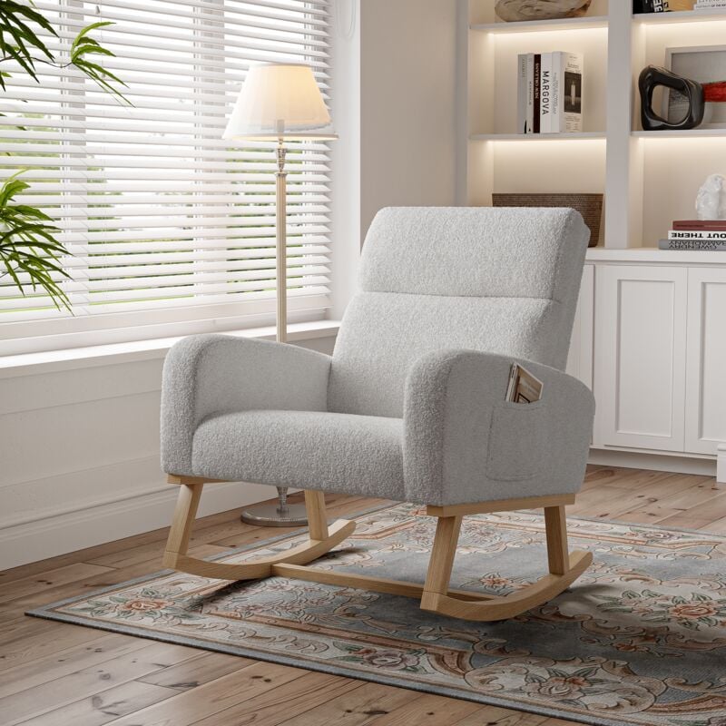 Fauteuil à bascule confortable avec accoudoirs, tissu sherpa, poches latérales, pieds en bois massif, Rocking chair style scandinave - Gris clair