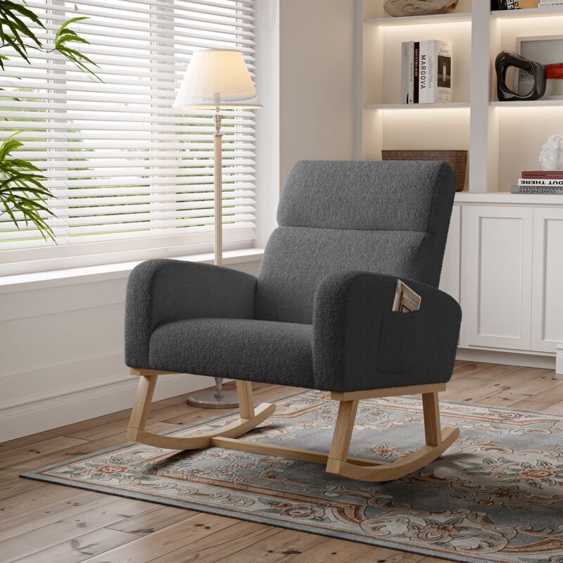 Fauteuil à bascule confortable avec accoudoirs, tissu sherpa, poches latérales, pieds en bois massif, Rocking chair style scandinave - Gris foncé