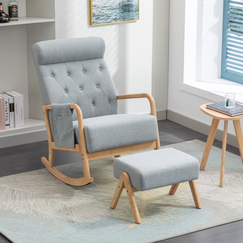 Fauteuil à bascule confortable avec ottoman, Rocking chair mousse avec rembourrage en lin, supporte 300 lb 65x85x94cm, gris clair