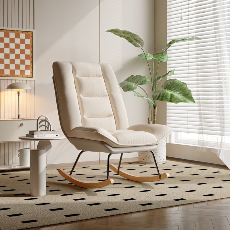 Fauteuil à bascule confortable, dossier réglable, tissu en coton et lin, coussin épais, fauteuil inclinable, fauteuil de relaxation, rocking chair