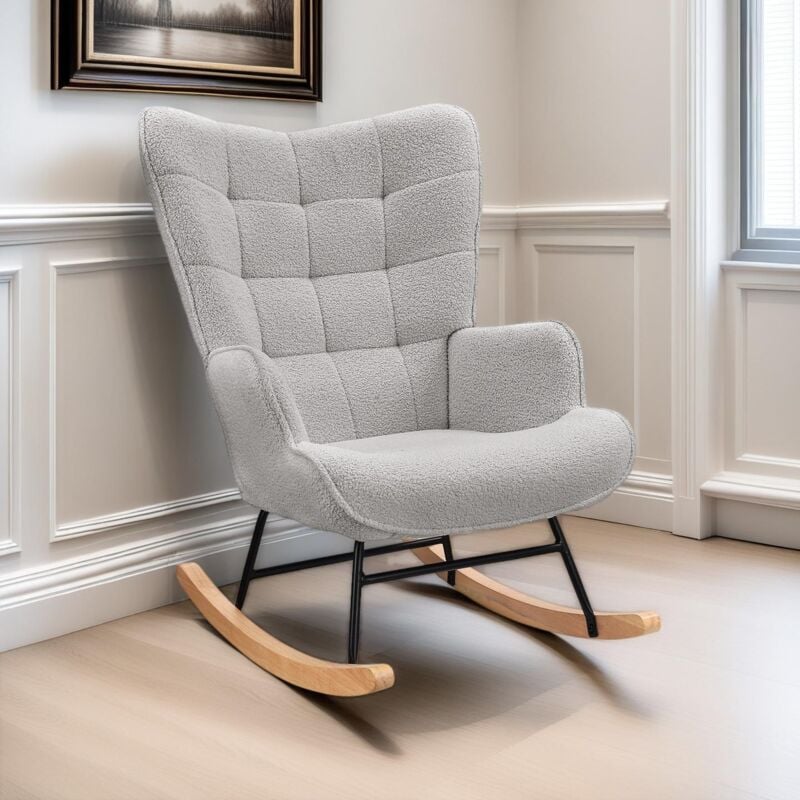 Fauteuil à Bascule Confortable en Tissu, avec Accoudoirs et Dossier Capitonné, pieds en bois massif, Rocking chair, Style Scandinave, Gris