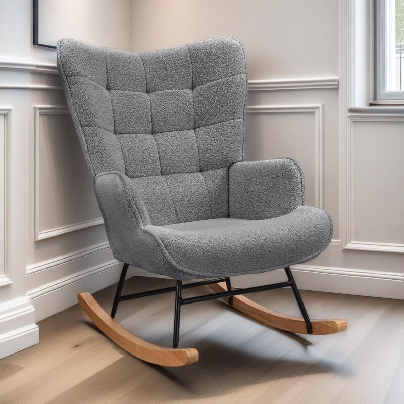 Fauteuil à Bascule Confortable en Tissu, avec Accoudoirs et Dossier Capitonné, pieds en bois massif, Rocking chair, Style Scandinave, Gris foncé