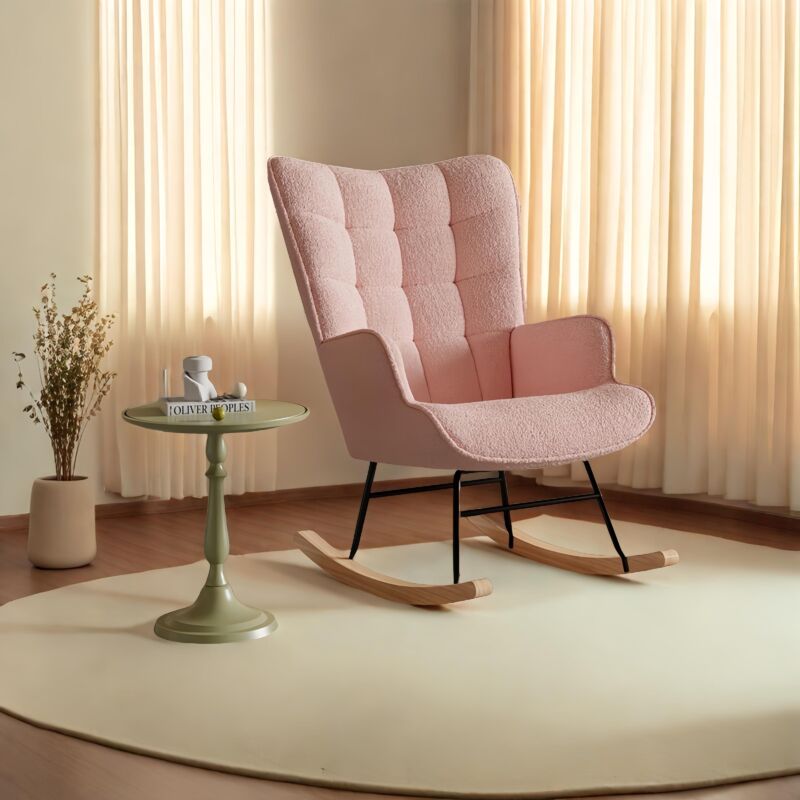 Fauteuil à Bascule Confortable en Tissu, avec Accoudoirs et Dossier Capitonné, pieds en bois massif, Rocking chair, Style Scandinave, Rose