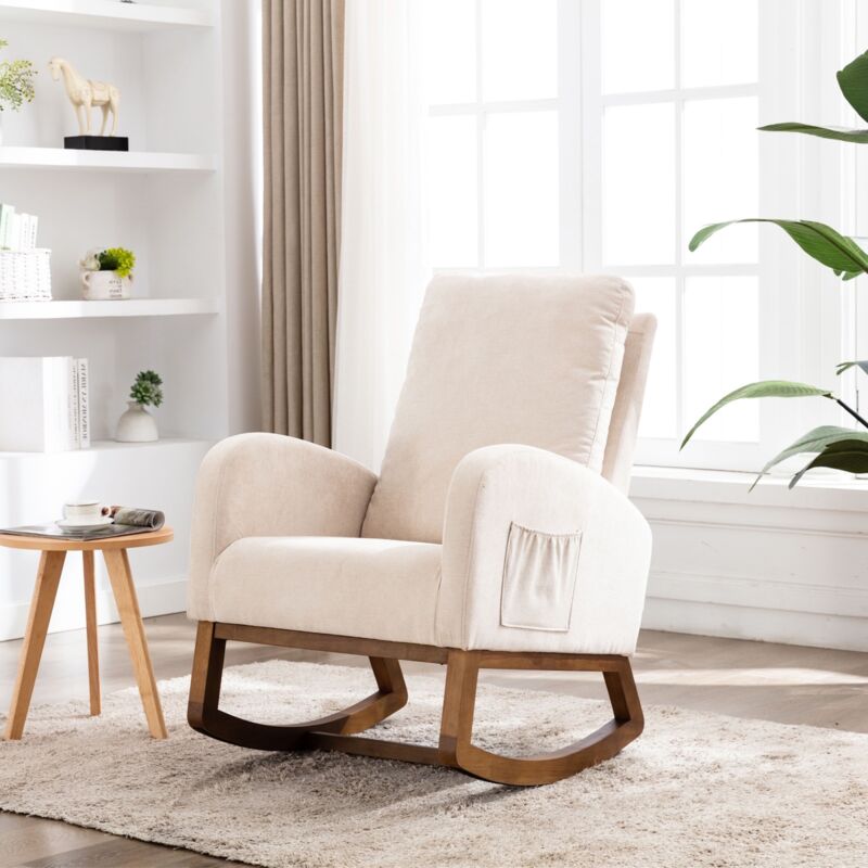 Fauteuil à bascule, avec poches, coussins, accoudoirs, structure en bois, style scandinave, chaise à bascule rembourrée Sherpa, 100x68x93 cm - Beige