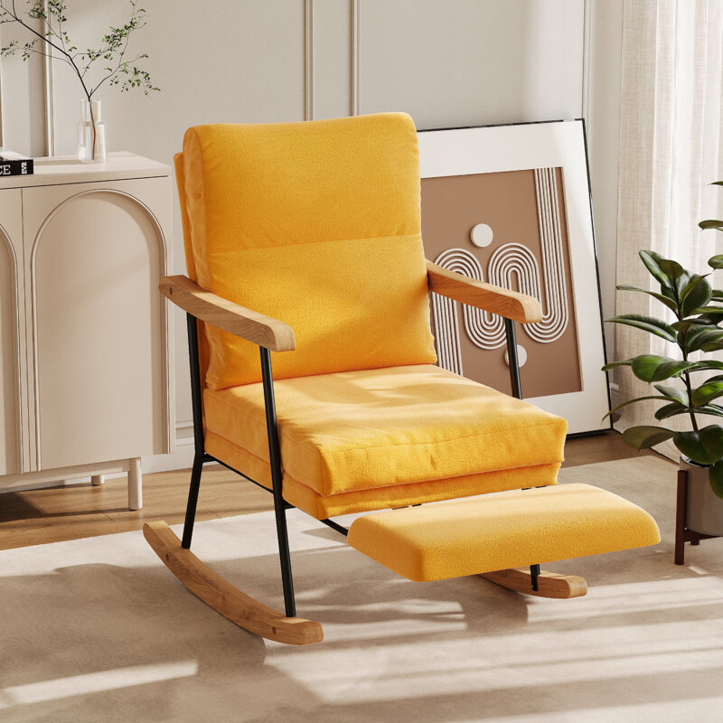 Fauteuil à Bascule,Rocking Chair avec repose-pieds extensibles,88 x 60 x 98 cm Scandinave,Fauteuil en Bois Massif,Coton et lin,jaune