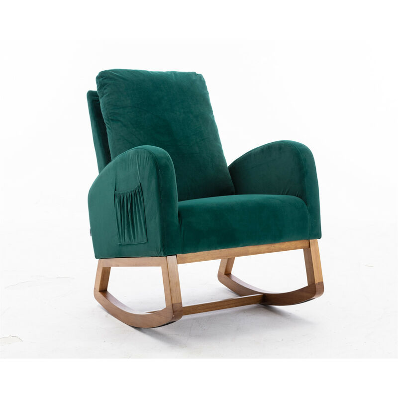 Fauteuil à Bascule Confortable Rocking chair avec Accoudoirs et Dossier Capitonné Pieds en Bois Style Scandinave 69Hx94Wx101cm- Vert