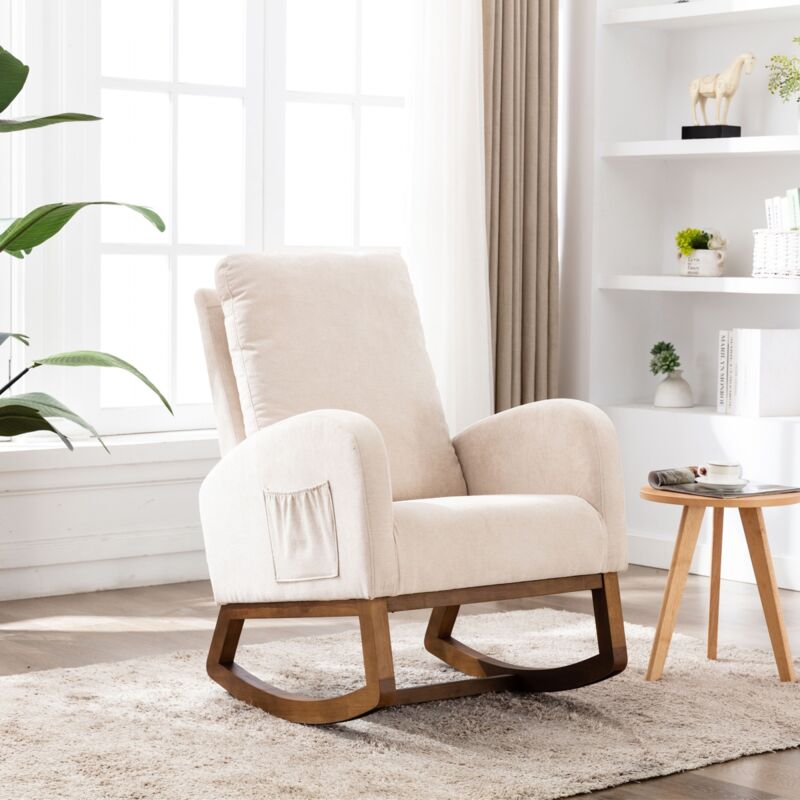 Fauteuil à Bascule, Confortable Rocking chair, 1 poche latérale, avec Accoudoirs et Dossier Capitonné, Pieds en Bois, Style Scandinave - Beige