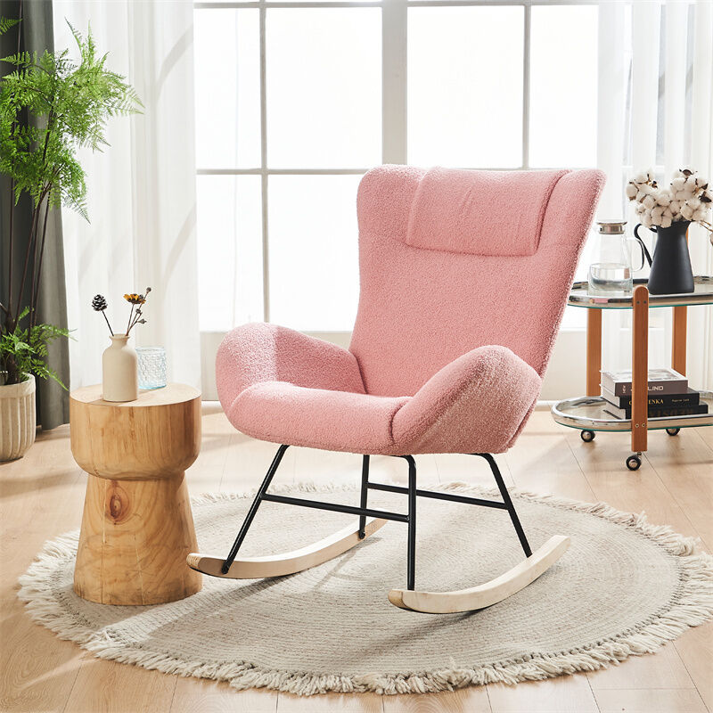 Fauteuil à bascule confortable, rocking chair en velours peluche, avec accoudoirs et dossier, capitonné pieds en bois, style scandinave, rose