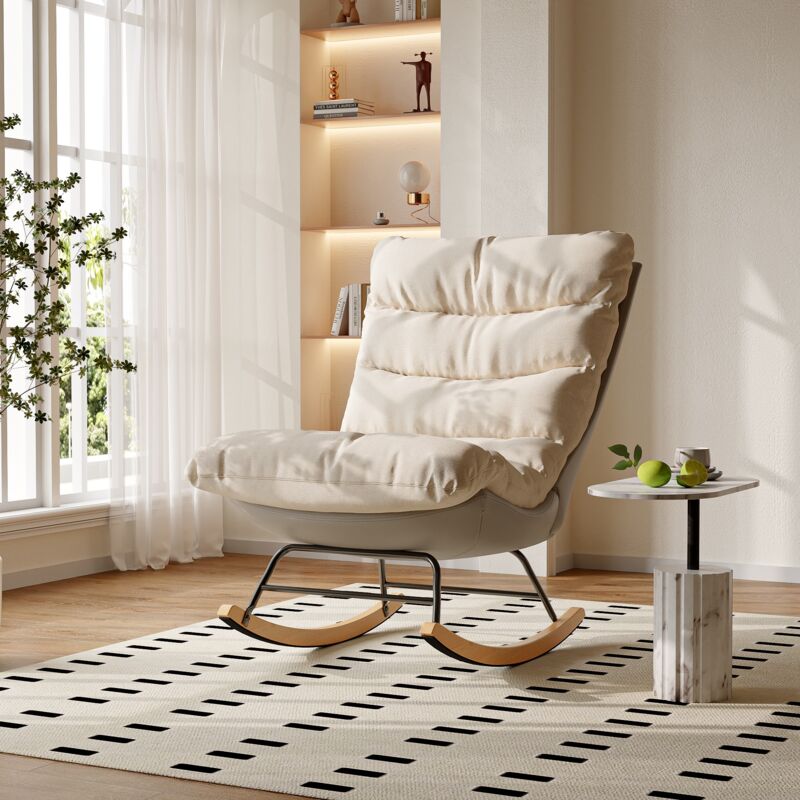 Fauteuil à bascule confortable, tissu en lin, coussin épais, pieds en bois massif, rocking chair décontracté, style moderne - Beige