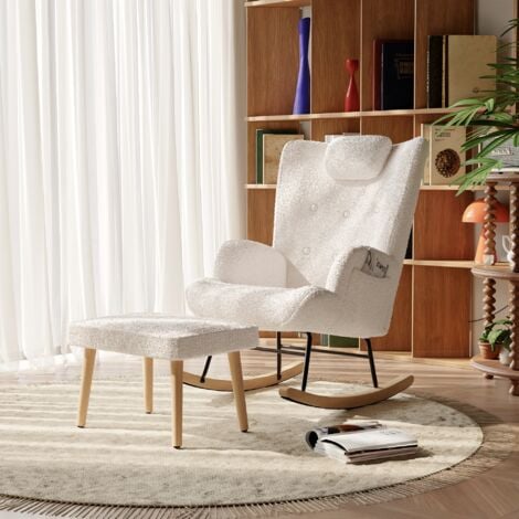 EIFSON Fauteuil à Bascule d'allaitement Scandinave, Fauteuil à Bascule à Dossier Haut et accoudoirs, avec Appui-tête et Repose-Pieds, Fauteuil Confortable pour Salon et Chambre - Blanc