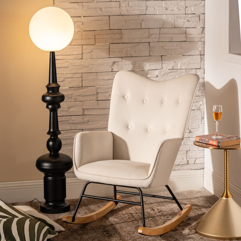 Urban Meuble - Fauteuil à bascule Scandinave velours beige pieds en bois clair